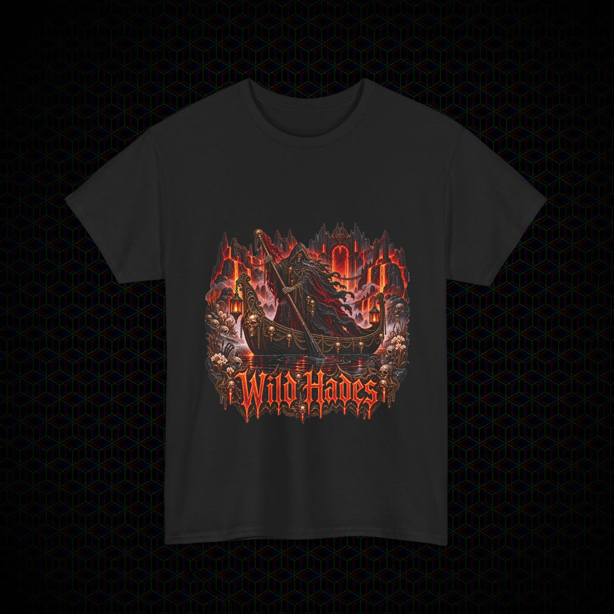 Stygian Crossing Charon ferryman graphic Wild Hades heavy cotton tee, front view