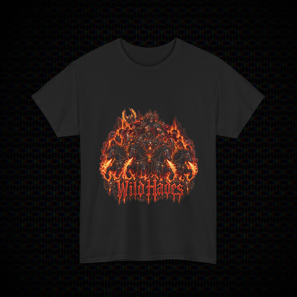 Ember Reins graphic Wild Hades heavy cotton tee, front view