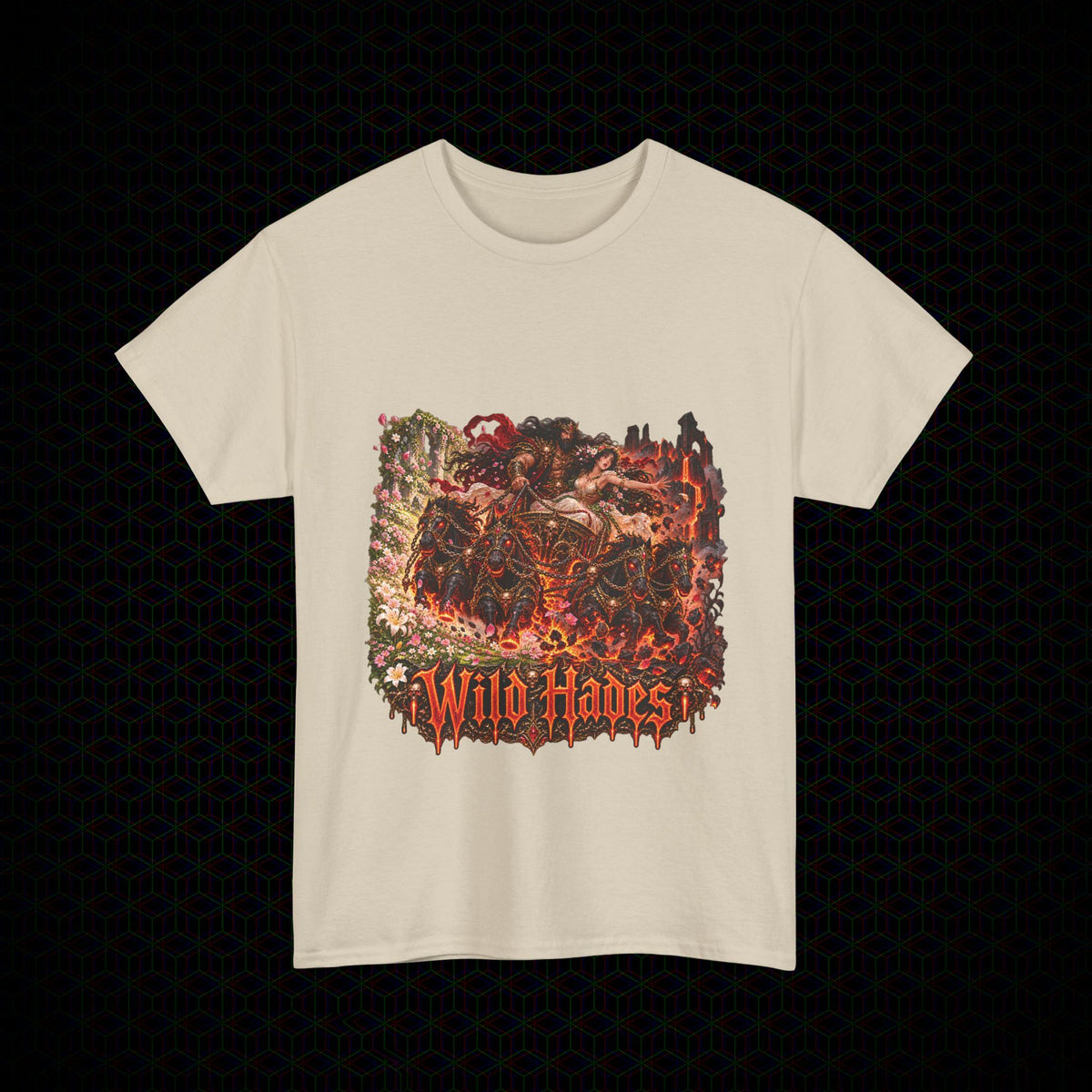 Taking of Persephone chariot graphic Wild Hades heavy cotton tee, front view
